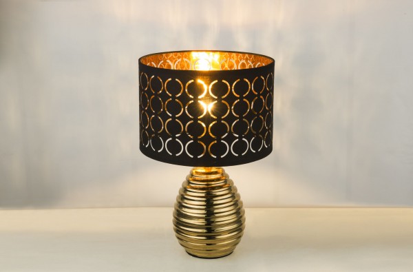 Tischlampe Textil Schirm Schwarz Tischleuchte Nachttischlampe Gold 21616