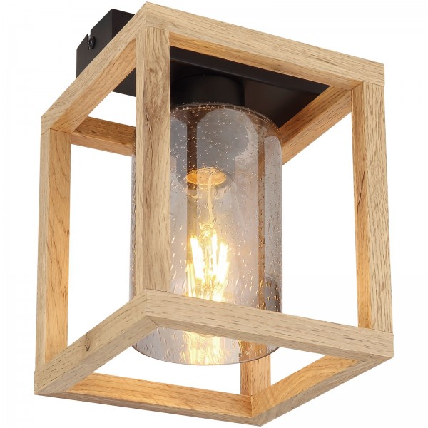 Deckenleuchte Wohnzimmer Holz Optik Deckenlampe Rauchglas Würfel 15497D
